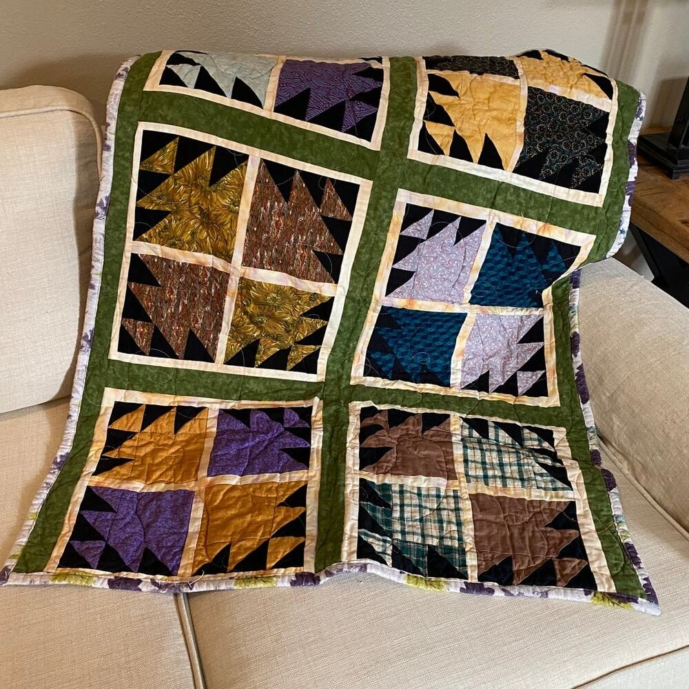 Handmade Pieced Bear Paw Patchwork Quilt Throw Crib Cotton Blanket Jewel Tones
